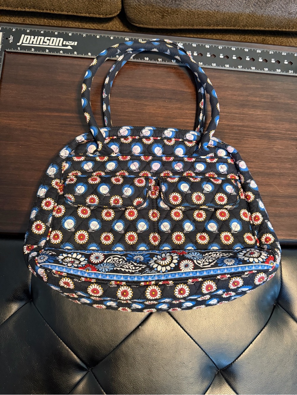 Retired - Vera Bradley Night Owl Quilted Handbag Black and Blue Floral